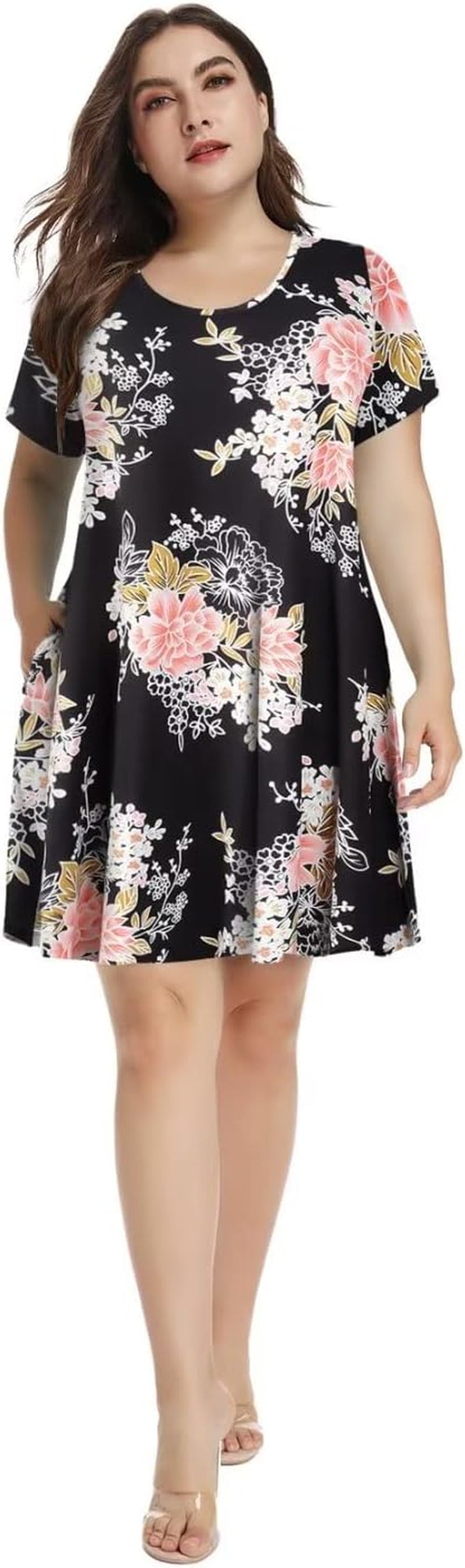 plus Size Dresses for Womens Summer Clothes Casual Floral Tops Short Sleeve T Shirt Dress Swing Sleepwear(A-Black05 S)