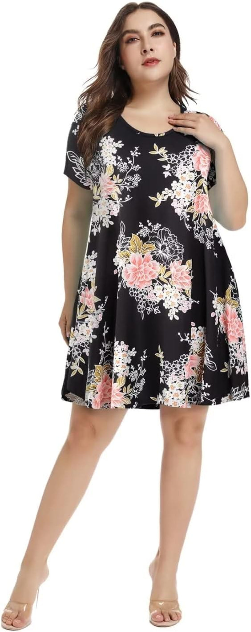 plus Size Dresses for Womens Summer Clothes Casual Floral Tops Short Sleeve T Shirt Dress Swing Sleepwear(A-Black05 S)