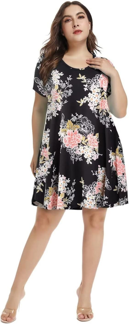 plus Size Dresses for Womens Summer Clothes Casual Floral Tops Short Sleeve T Shirt Dress Swing Sleepwear(A-Black05 S)