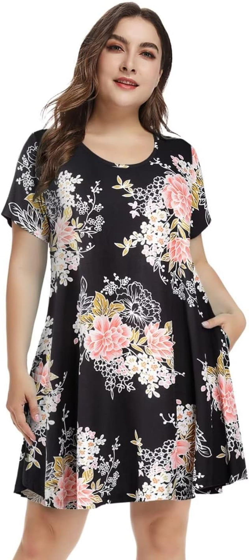 plus Size Dresses for Womens Summer Clothes Casual Floral Tops Short Sleeve T Shirt Dress Swing Sleepwear(A-Black05 S)