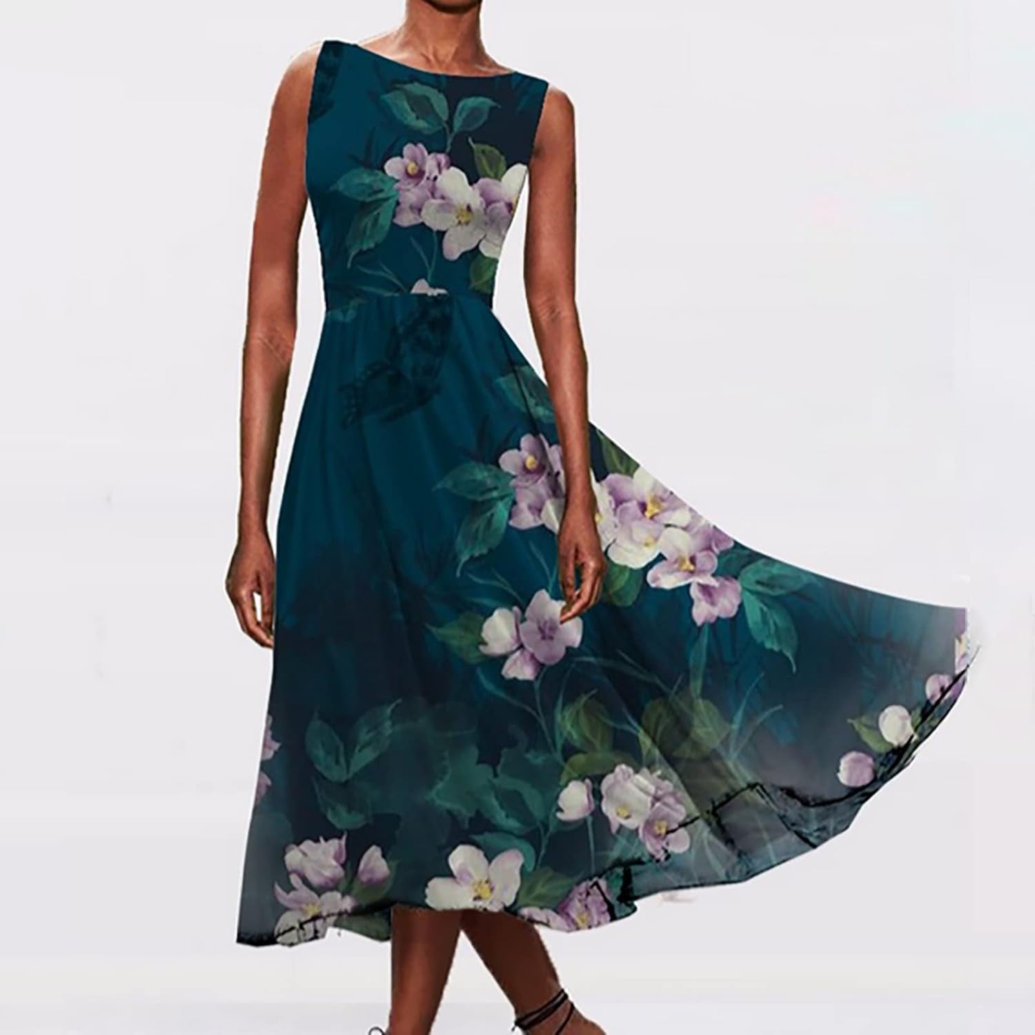 Summer Vintage Beach Dress Sleeveless Flowy Swing Sundress Floral Print Long Dresses