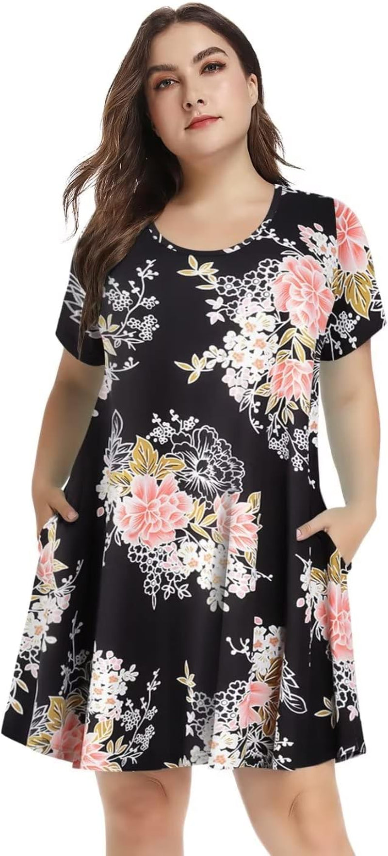 plus Size Dresses for Womens Summer Clothes Casual Floral Tops Short Sleeve T Shirt Dress Swing Sleepwear(A-Black05 S)
