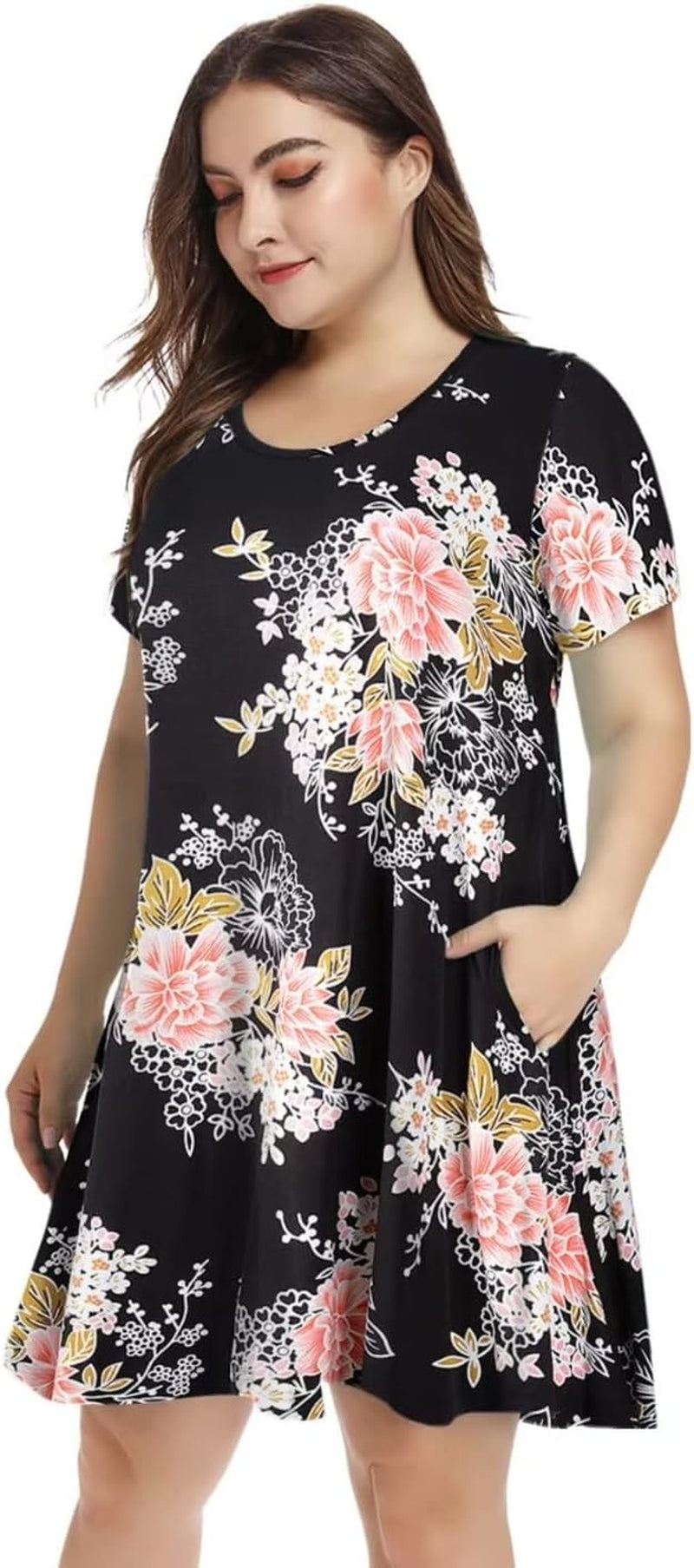 plus Size Dresses for Womens Summer Clothes Casual Floral Tops Short Sleeve T Shirt Dress Swing Sleepwear(A-Black05 S)